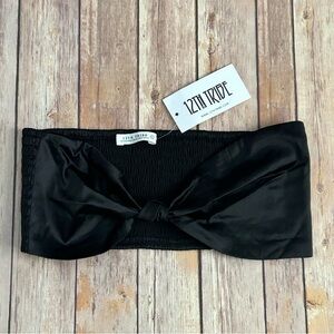 12th Tribe Black Satin-Look Bandeau Top with Smocked Back | Size Large